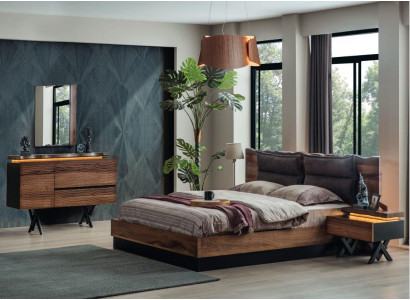 Moderne houten slaapkamermeubelset, designer tweepersoonsbed, nachtkastje 5-delig.