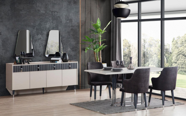 Moderne eethoek Rechthoekige eettafel 6 stoelen Dressoir 2 spiegels