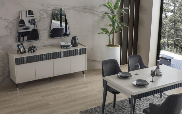 Moderne eethoek Rechthoekige eettafel 6 stoelen Dressoir 2 spiegels