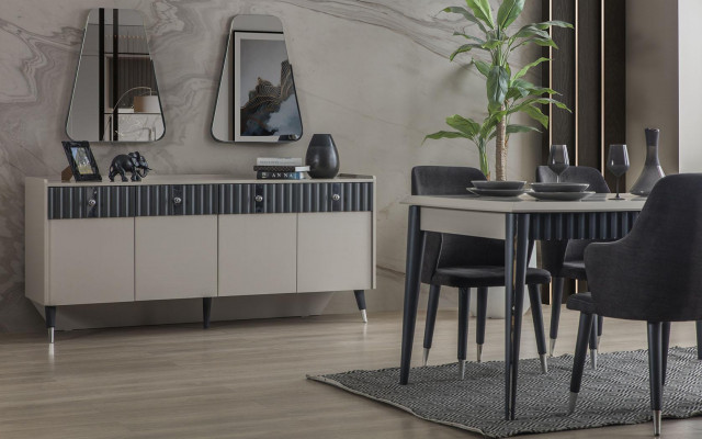 Moderne eethoek Rechthoekige eettafel 6 stoelen Dressoir 2 spiegels