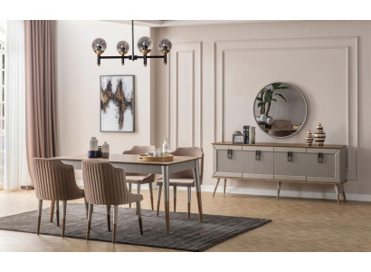 Beige eetkamer set Rechthoekige houten tafel 6x gestoffeerde stoelen 7-delig