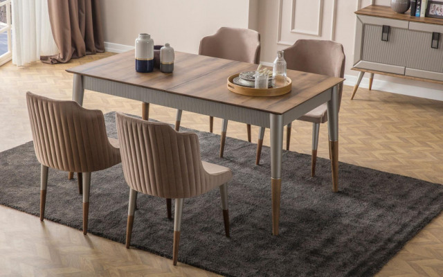 Beige eetkamer set Rechthoekige houten tafel 6x gestoffeerde stoelen 7-delig