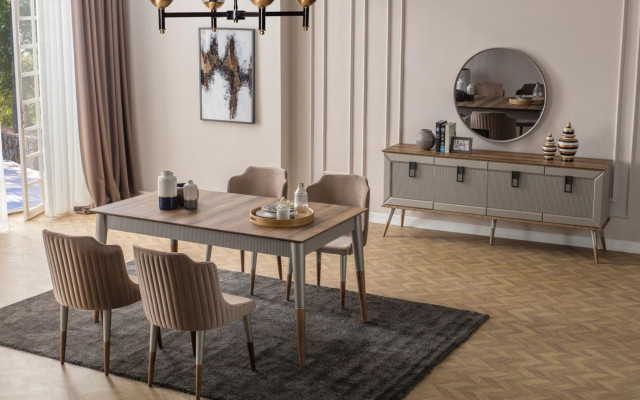 Beige eetkamer set Rechthoekige houten tafel 6x gestoffeerde stoelen 7-delig