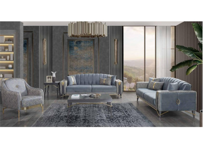 Luxe Grijze Chesterfield-beklede bankstel woonkamer 3-zits textiel fauteuil