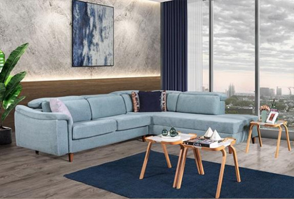 Blauwe hoekbank L-vorm woonkamer gestoffeerde banken designer houten frame
