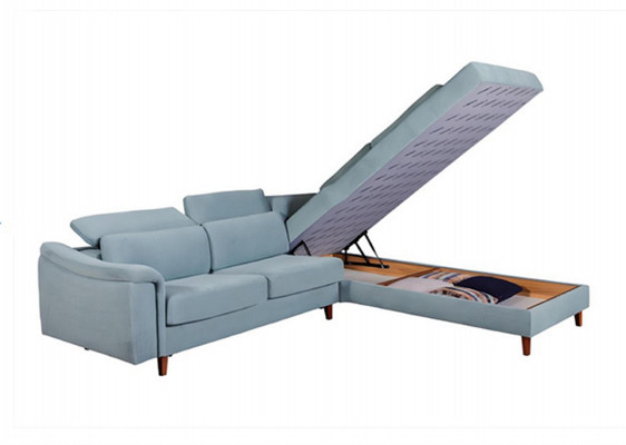 Blauwe hoekbank L-vorm woonkamer gestoffeerde banken designer houten frame