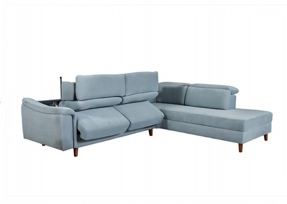 Blauwe hoekbank L-vorm woonkamer gestoffeerde banken designer houten frame