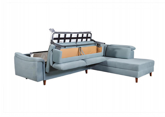 Blauwe hoekbank L-vorm woonkamer gestoffeerde banken designer houten frame