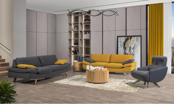 Grijze-gele woonkamer zitmeubels luxe 2x 3-zitsbanken éénzitter 3-delig.