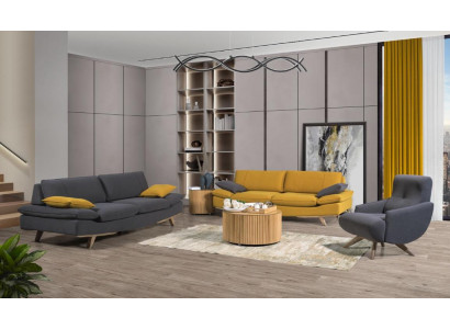 Grijze-gele woonkamer zitmeubels luxe 2x 3-zitsbanken éénzitter 3-delig.
