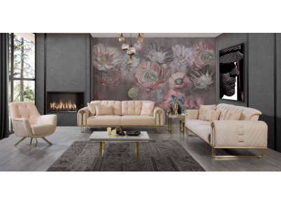 Moderne Beige Woonkamer bankstel x2 3-zits gestoffeerde fauteuil 3-delig