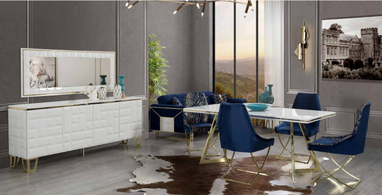 Exclusieve witte eetkamerset Luxueuze eettafel x4 stoelen 7-delig
