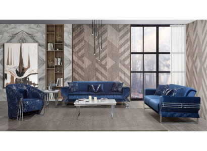 Woonkamer blauwe bankstel ontworpen driepersoons fauteuil salontafel