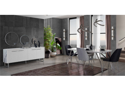 Grijswitte eetkamer meubels commode eettafel luxe gestoffeerde stoelen.