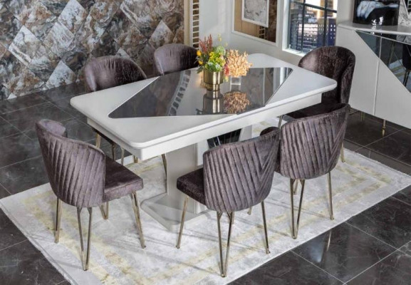 Ontwerper Witte Eettafel x6 Donkerpaarse Textiel Stoelen Eetkamer Set