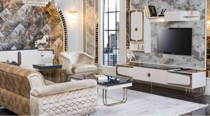 Exclusieve roestvrijstalen tv-kast designer wandplank luxe woonkamerset