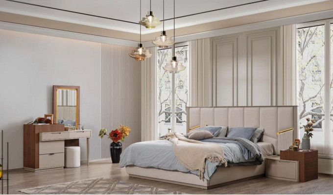 Beige slaapkamer set Luxe gestoffeerde bedden Nachtkastjes Kast