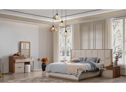 Beige slaapkamer set Luxe gestoffeerde bedden Nachtkastjes Kast