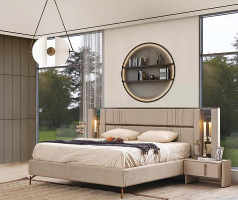 Luxe slaapkamer Beige tweepersoonsbed 2x nachtkastjes Moderne meubels