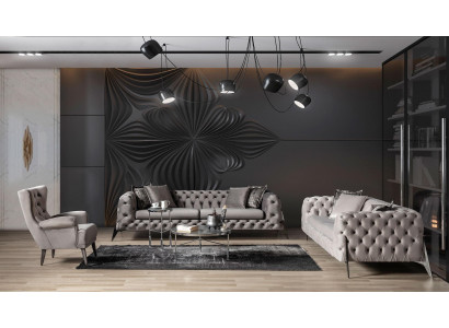 Lichtgrijze Chesterfield woonkamer fauteuil set 4+3 fauteuils Luxe fauteuil