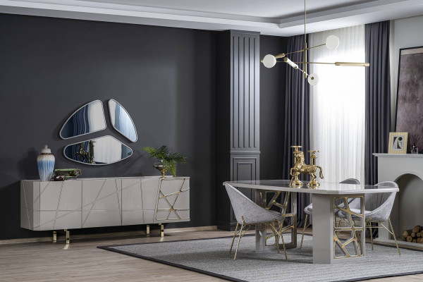 Grijze eetkamer meubels Luxe eetgroep Eettafel 4x stoelen Dressoir