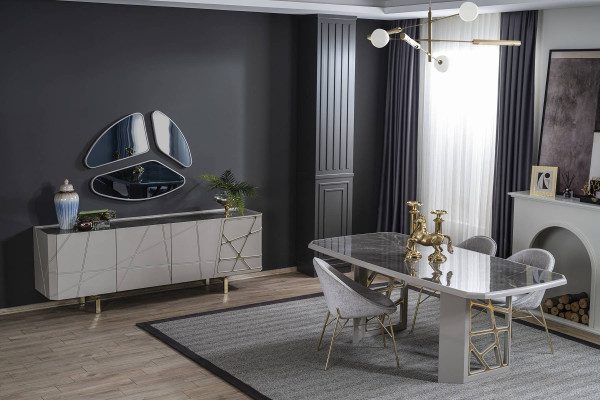 Grijze eetkamer meubels Luxe eetgroep Eettafel 4x stoelen Dressoir