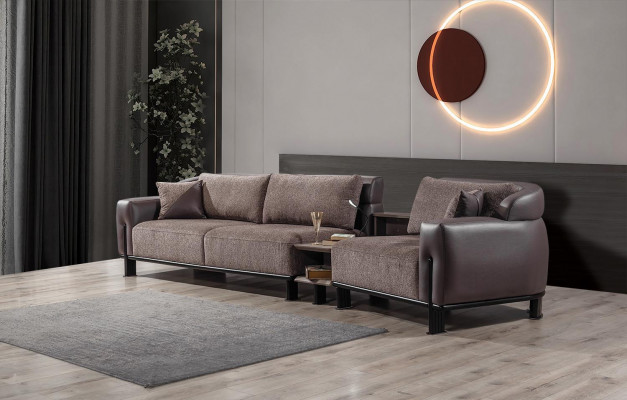 Bruin woonkamer lederen set 3-zitsbank fauteuil salontafel 4-delig.