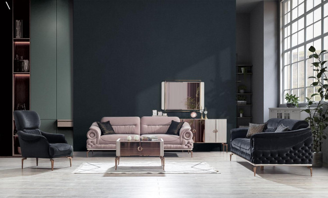 Stijlvolle woonkamer set ontwerper driezitsbank fauteuil salontafel