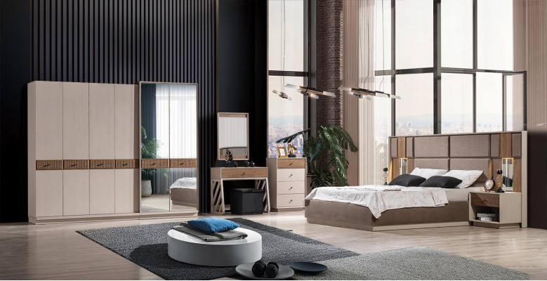 Beige slaapkamer set - Designer tweepersoonsbed kaptafel ladekast 7-delig