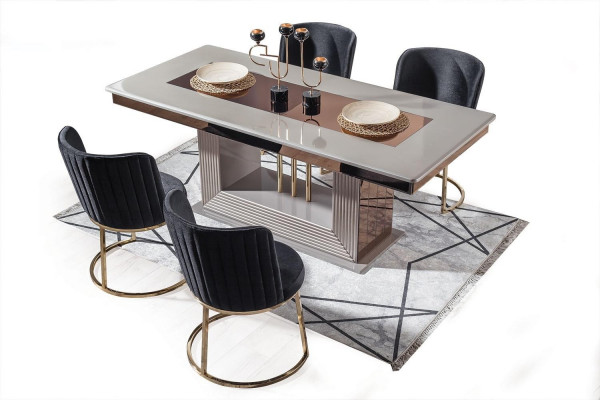 Stijlvolle eetkamerset Rechthoekige eettafel 4x zwarte gestoffeerde stoelen