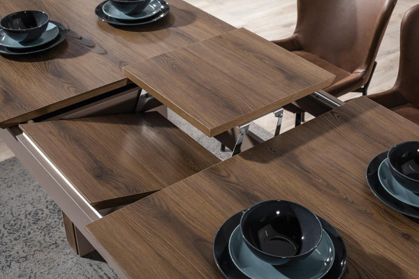 Bruine eetkamerset Luxe Verstelbare eettafel 4x textiel stoelen