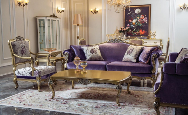 Driedelige bank 3-zits bank Luxe bank Fluweel Barok Rococo Paars