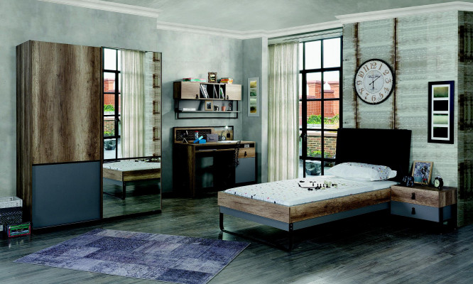 Ontwerper tienerkamer slaapkamer bed nachtkastje bureau 3-delig.