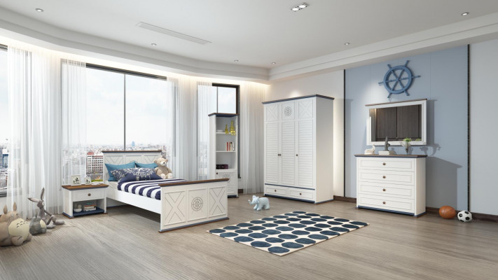 Kinderkamerset Bed Nachtkastje Kledingkast Commode Slaapkamer 6-delig.