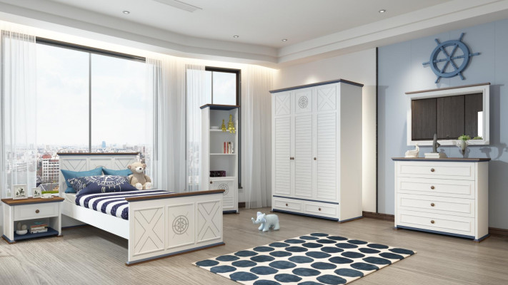 Kinderkamerset Bed Nachtkastje Kledingkast Commode Slaapkamer 6-delig.