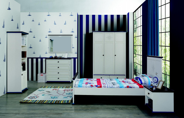 Kinderkamer Compleet Set Bed Nachtkastje Kledingkast Commode Spiegel 6-delig