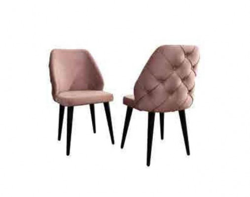 Houten gestoffeerde stoel beige rugleuning Chesterfield zwarte poten Eetkamer.