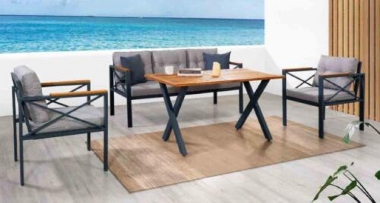 Moderne Grijze tuinset fauteuil voetenbank tafel veranda 4-delig set