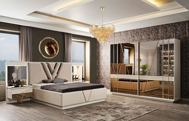 Slaapkamer 4-delig set Gestoffeerd Bed 2x Nachtkastjes Kledingkast Luxe
