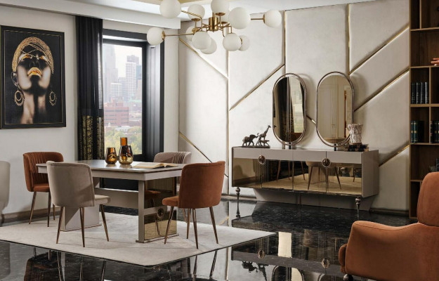 Dressoir met een grijze moderne commode in Italiaanse stijl.