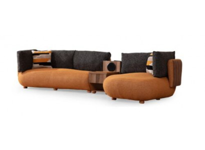 Modern oranje hoekbank L-vorm woonkamer bank met houten design.