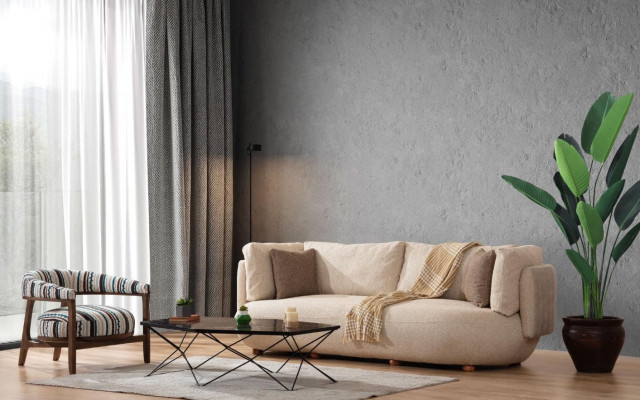 Stijlvolle woonkamerset met modern beige driezitsbank en fauteuil, 2-delig.