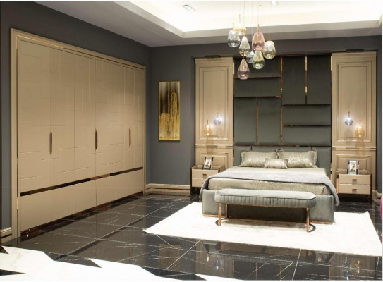 Luxe slaapkamer set met tweepersoonsbed, bed en nachtkastjes, 6-delig beige.