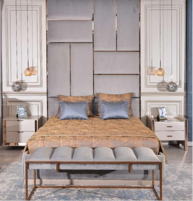 Luxe slaapkamer set met tweepersoonsbed, nachtkastjes 5-delig beige.