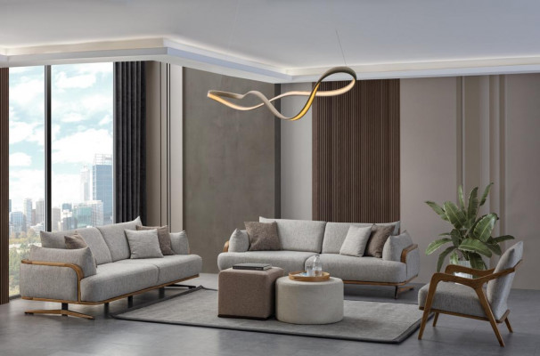 Meubels Woonkamer Lichtkleur Set 2x 3-zitsbanken en fauteuil 3-delig.