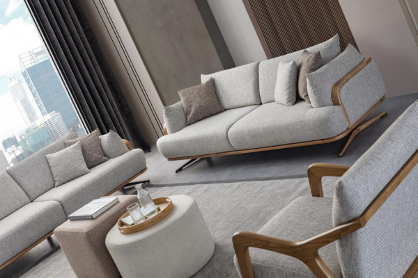 Meubels Woonkamer Lichtkleur Set 2x 3-zitsbanken en fauteuil 3-delig.