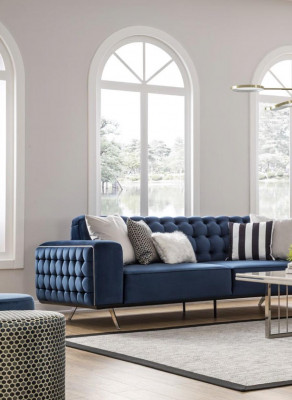 Klassieke Chesterfield driezits luxueuze blauwe bankenbank 3-zitsbanken