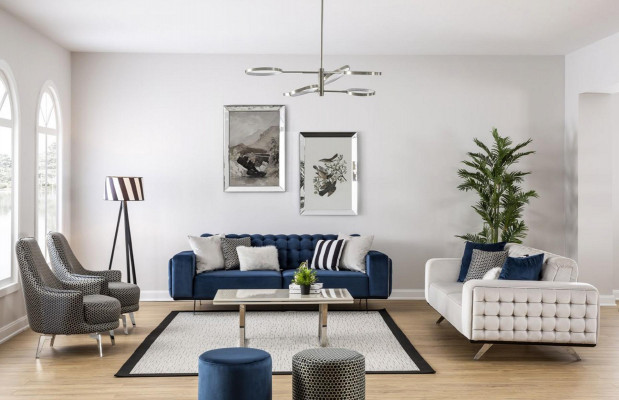 Klassieke Chesterfield driezits luxueuze blauwe bankenbank 3-zitsbanken