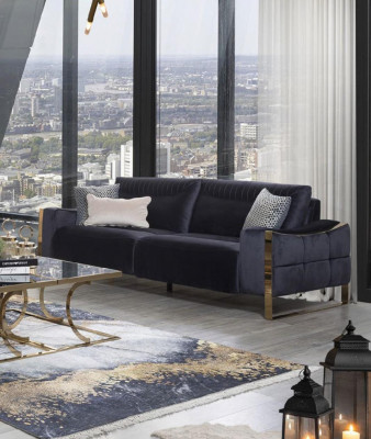 Klassieke bank 3-zits design woonkamer stoffering houten stoffering moderne luxe blauw