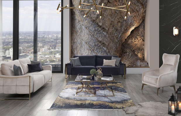 Klassieke bank 3-zits design woonkamer stoffering houten stoffering moderne luxe blauw